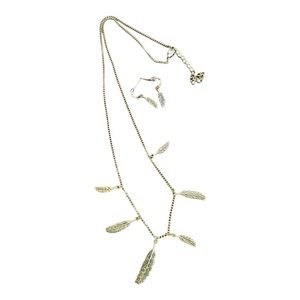 Vip 14" Feather Necklace and 1" Feather Earrings Set Women's Gold Tone